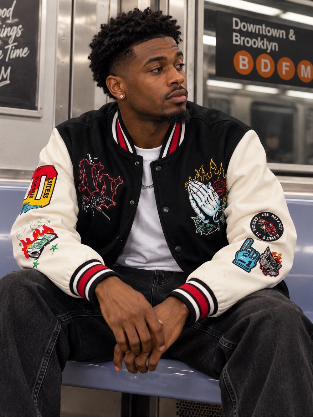 Supply & Demand Beyer Varsity Jacket Black Cream Embroidered Men’s S NWT